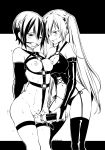  2girls abs armbinder bdsm black_legwear blush bondage bondage_outfit collar degel dominatrix femdom fire_emblem fire_emblem:_kakusei gag gagged harness monoglove multiple_girls selena_(fire_emblem) short_hair slave smile thighhighs twintails vibrator 