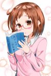  :o ahoge anniversary bad_id bad_pixiv_id bang_dream! bespectacled blush book brown_eyes brown_hair cowboy_shot floral_background glasses gradient gradient_background hazawa_tsugumi highres holding holding_book long_sleeves looking_at_viewer open_book petals pink_sweater red-framed_eyewear semi-rimless_eyewear shirt short_hair solo sweater tsugumochi under-rim_eyewear white_shirt wing_collar 