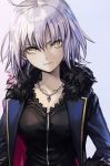  ahoge breasts fate/grand_order fate_(series) fur_collar hair_between_eyes hankuri jeanne_d'arc_(alter)_(fate) jeanne_d'arc_(fate)_(all) jewelry medium_breasts multicolored_coat necklace purple_hair short_hair solo upper_body white_background wicked_dragon_witch_ver._shinjuku_1999 