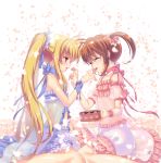  armlet artist_name babydoll blonde_hair bloomers box brown_hair chemise chocolate choker commentary eyebrows_visible_through_hair facing_another fate_testarossa feeding frilled_choker frills from_side fundoshi_inao heart holding long_hair looking_at_another lyrical_nanoha mahou_shoujo_lyrical_nanoha multiple_girls open_mouth parted_lips petals pink_scrunchie red_eyes ribbon scrunchie see-through short_twintails sidelocks signature sitting smile takamachi_nanoha twintails underwear wariza wristband yuri 