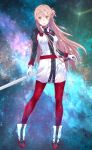  angel's_trumpet_(artist) asuna_(sao) belt boots breasts brown_eyes brown_hair dress floating_hair full_body gloves hand_on_hilt highres long_hair looking_at_viewer medium_breasts pantyhose parted_lips red_legwear short_dress sky solo standing star_(sky) starry_sky sword_art_online sword_art_online_the_movie:_ordinal_scale very_long_hair white_dress white_gloves 