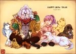  biting breath colonel_olcott_(fate/grand_order) contemporary dog fate/grand_order fate_(series) glove_biting gloves happy_new_year harupippo helena_blavatsky_(fate/grand_order) highres lion new_year ponytail purple_hair scarf sweat sweater thomas_edison_(fate/grand_order) tongue tongue_out too_many_dogs 