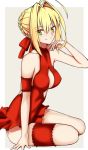  absurdres adapted_costume ahoge artoria_pendragon_(all) artoria_pendragon_(swimsuit_rider_alter) artoria_pendragon_(swimsuit_rider_alter)_(cosplay) bad_id bad_pixiv_id blonde_hair blush braid breasts collarbone cosplay eyebrows_visible_through_hair fate/extra fate/grand_order fate_(series) french_braid green_eyes hair_ribbon highres looking_at_viewer medium_breasts nero_claudius_(fate) nero_claudius_(fate)_(all) ribbon sitting smile solo yuchio 