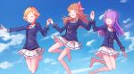  :d ^_^ aikatsu! aikatsu!_(series) bangs barefoot blue_jacket blue_ribbon blue_sky blush braid brown_hair closed_eyes cloud crown_braid day eyebrows_visible_through_hair facing_viewer hair_ornament hair_ribbon hands_together highres hikami_sumire jacket jumping light_brown_hair long_hair long_sleeves makiaato multiple_girls oozora_akari open_mouth outdoors pink_ribbon pleated_skirt purple_eyes ribbon school_uniform shinjou_hinaki shirt skirt sky smile star star_hair_ornament starlight_academy_uniform very_long_hair white_shirt white_skirt 