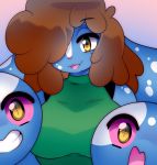 2018 amber_eyes anthro brown_hair clothed clothing cute digital_media_(artwork) female geeflakes_(character) hair hair_over_eye lagomorph looking_at_viewer mammal monster open_mouth pink_nose rabbit raikissu solo 