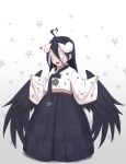  albedo black_hair black_wings chibi demon_girl demon_horns demon_wings dress feathers hair_between_eyes hanbok heart horns kangth9082 korean_clothes long_hair long_sleeves open_mouth overlord_(maruyama) simple_background sleeves_past_wrists smile solo traditional_clothes wings 