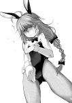  animal_ears bare_shoulders bow bowtie braid breasts bunny_ears bunnysuit detached_collar fake_animal_ears fishnet_pantyhose fishnets greyscale hair_over_eyes hair_ribbon hamanami_(kantai_collection) isshitaira kantai_collection leotard long_hair monochrome pantyhose ribbon single_braid small_breasts solo strapless strapless_leotard wrist_cuffs 