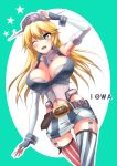  1girl american_flag american_flag_legwear ass_visible_through_thighs asymmetrical_legwear bad_id bad_pixiv_id blonde_hair blue_eyes breasts cleavage commentary_request dutch_angle elbow_gloves fingerless_gloves flag_print front-tie_top garter_straps gloves hair_between_eyes headgear iowa_(kancolle) kantai_collection large_breasts long_hair miniskirt mismatched_legwear one_eye_closed shinoda_meri simple_background skirt solo star-shaped_pupils star_(symbol) striped_clothes striped_thighhighs symbol-shaped_pupils thighhighs thighs uss_iowa_(bb-61) vertical-striped_clothes vertical-striped_thighhighs 