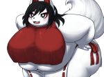  2017 :3 anthro belly bent_over big_belly big_breasts biped black_eyes black_hair black_nose blush breasts canine cheek_tuft clothed clothing crop_top digital_drawing_(artwork) digital_media_(artwork) eye_markings eyelashes fangs female fluffy fluffy_tail fox front_view fur hair hand_on_hip hi_res huge_breasts humanoid_hands japanese kakizaki kemono leaning leaning_forward long_tail mammal markings midriff obese open_mouth open_smile overweight overweight_female pink_tongue portrait red_clothing red_markings red_topwear shirt short_hair simple_background skirt smile solo standing thick_thighs three-quarter_portrait tongue tuft white_background white_bottomwear white_clothing white_fur white_tail wide_hips yosioka_san 