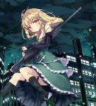  black_bullet blonde_hair blush cloud cloudy_sky detached_sleeves dress frilled_dress frills gun hair_ornament highres holding holding_gun holding_weapon layered_dress long_hair looking_at_viewer night normaland psg-1 red_eyes rifle sky sleeveless sleeveless_dress sniper_rifle solo standing tina_sprout weapon 