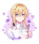  black_ribbon blonde_hair blue_eyes blush closed_mouth collared_shirt eyebrows_visible_through_hair flower hair_ribbon holding holding_flower looking_at_viewer medium_hair ribbon seungju_lee shirt smile solo upper_body violet_(flower) violet_evergarden violet_evergarden_(character) 