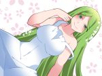  bare_shoulders breasts commentary_request dress green_eyes green_hair hammer_(sunset_beach) large_breasts long_hair looking_at_viewer original smile solo strap_slip very_long_hair white_dress 