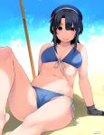  arm_support beach beach_umbrella beret bikini black_gloves black_hair blue_bikini blue_hat blush breasts cameltoe collarbone day front-tie_bikini front-tie_top gloves happa_(cloverppd) hat kantai_collection knee_up lips looking_at_viewer medium_breasts navel outdoors red_eyes sand shadow short_hair side-tie_bikini sitting smile solo swimsuit takao_(kantai_collection) umbrella underbust 