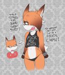  2018 anger_vein anthro blush bracelet british canine clothed clothing crop_top dialogue digital_media_(artwork) duo emo english_text fangs female fox hair hair_over_eye jewelry male mammal midriff navel panties scarlett_foxx shane_foxx shirt shorts simple_background skimpy slit_pupils smutbunny text thong underwear 