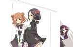  beatrice_(princess_principal) black_hair blue_eyes blush brown_eyes brown_hair double_bun flower hair_flower hair_ornament highres holding lily_gaveston long_sleeves multiple_girls neck_ribbon normaland peeking_out princess_principal purple_eyes purple_hair ribbon school_uniform toudou_chise 