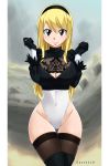  absurdres black_gloves black_legwear blonde_hair breasts brown_eyes cleavage cosplay covered_navel covered_nipples fairy_tail gaston18 gloves groin hairband highleg highleg_leotard highres large_breasts leotard long_hair lucy_heartfilia nier_(series) nier_automata smile solo thigh_gap thighhighs wide_hips yorha_no._2_type_b yorha_no._2_type_b_(cosplay) 