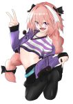  1boy ass astolfo_(fate/grand_order) bow braid casual cross_necklace fang fate/apocrypha fate/grand_order fate_(series) gurum hair_bow jacket long_hair looking_at_viewer multicolored_hair necklace open_mouth pantyhose pink_hair purple_eyes shiny shiny_hair shirt single_braid skirt skirt_hold skirt_lift smile solo trap two-tone_hair v very_long_hair white_hair 