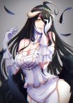  albedo bare_shoulders black_hair black_wings breasts covering_one_eye demon_girl demon_horns demon_wings dress elbow_gloves feathers gloves grey_background hair_between_eyes hair_over_one_eye highres horns kirara_(mzk_ya) large_breasts long_hair looking_at_viewer open_mouth overlord_(maruyama) simple_background smile solo thighhighs thighs white_dress white_gloves wings yellow_eyes 