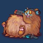  2018 3_fingers 3_toes bear bearphones blue_background brown_fur controller dualshock_4 featureless_crotch fur game_controller gaming grizzly_bear happy headphones hi_res male mammal nintendo nintendo_switch open_mouth orange_eyes overweight pawpads playing_videogame playstation_4 pocketpaws poof reclining simple_background smaller_version_at_source smile solo toes video_games 