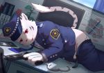  4_fingers anthro briefs bulge clothing cub feline gloves gun handcuffs hat kemono looking_at_viewer male mammal police raised_tail ranged_weapon shackles slightly_chubby solo tiger underwear uniform weapon young 萌の傻蛋熊 