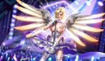  absurdres areolae blonde_hair blue_eyes breastless_clothes breasts concert glowing glowing_wings gumroad_reward hair_over_one_eye highres large_breasts liang_xing lips looking_at_viewer mechanical_wings mercy_(overwatch) microphone nipples overwatch paid_reward solo spread_wings thighhighs white_legwear wings yellow_wings 