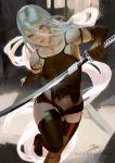  android armlet black_gloves black_shorts blue_eyes commentary elbow_gloves english_commentary gloves holding holding_sword holding_weapon katana long_hair nier_(series) nier_automata pink_lips robot_joints short_shorts shorts silver_hair sword tank_top thighhighs torn_clothes weapon yorha_type_a_no._2 zumi_(zumidraws) 