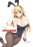  animal_ears blonde_hair blue_eyes breasts bunny_ears bunnysuit cleavage commentary_request high_heels iowa_(kantai_collection) kantai_collection large_breasts long_hair pantyhose pizza_box solo star star-shaped_pupils symbol-shaped_pupils zekkyon 