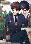  bad_id bad_pixiv_id bangs blue_neckwear blue_suit bottle brown_hair brown_vest buttons carchet carnation closed_eyes closed_mouth commentary copyright_name crossed_legs dress_shirt fingernails flower formal hair_between_eyes handkerchief hat hat_removed headwear_removed holding lapel long_sleeves male_focus necktie official_art original pink_eyes red_carnation red_flower shirt short_hair sid_story sign sitting solo striped striped_shirt suit tree vest wine_bottle 
