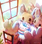  :o artist_name brown_eyes cake chair closed_mouth commentary_request day food gen_5_pokemon highres indoors manino_(mofuritaionaka) minccino no_humans parted_lips plant pokemon pokemon_(creature) potted_plant signature sitting smile table window 