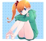  bad_feet bangs bare_legs barefoot blue_background blue_eyes blush brown_hair closed_mouth commentary eyebrows_visible_through_hair full_body green_hoodie hair_between_eyes hair_bobbles hair_ornament head_tilt hiroshi_(jasinloki) hood hood_down hoodie long_hair long_sleeves no_pants original panties pantyshot pantyshot_(sitting) polka_dot polka_dot_background side_ponytail sitting sleeves_past_wrists smile solo striped striped_panties two-tone_background underwear white_background 