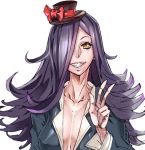  1girl bow breasts cleavage collarbone freckles large_breasts lipstick long_hair original peace_symbol purple_hair sharp_teeth simple_background smile solo suit top_hat v-neck v_sign white_background yellow_eyes zunta 