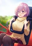  black-framed_eyewear black_legwear blue_sky blush commentary_request day eyebrows_visible_through_hair eyes_visible_through_hair fate/grand_order fate_(series) glasses hair_over_one_eye haru_(hiyori-kohal) lavender_hair looking_at_viewer mash_kyrielight open_mouth outdoors pantyhose purple_eyes roller_coaster short_hair sitting skirt sky solo sweater turtleneck turtleneck_sweater yellow_sweater 