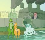  alex_jones amphibian anthro artbyyellowdog bathing bulge butt clothing english_text eyes_closed factory fence frog human male mammal outlet river smoke smokestack text thong water 