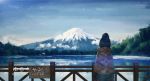  artist_name blue_hair blue_sky cloud day elleco english facing_away hair_bun highres lake mount_fuji mountain outdoors poncho railing scenery shima_rin shore sign sky snow solo translated upper_body water yurucamp 