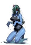  absurdres black_sclera blue_skin breasts commentary green_hair hair_over_face hair_over_one_eye highres horn kneeling large_breasts long_hair messy_hair one-piece_swimsuit oni original pointy_ears red_eyes school_swimsuit solo swimsuit twinpoo wet 