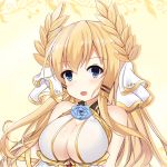  :d absurdres azur_lane bangs bare_shoulders blonde_hair blue_eyes blue_flower blue_rose blush breasts cleavage commentary dress eyebrows_visible_through_hair floating_hair flower flower_ornament highres jewelry kurashina_yuzuki large_breasts laurel_crown long_hair looking_at_viewer open_mouth ribbon rose sleeveless sleeveless_dress smile solo upper_body veil victorious_(azur_lane) wrist_ribbon 