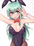  aqua_hair black_leotard blush breasts bunnysuit cleavage collarbone covered_navel cowboy_shot detached_collar green_eyes hair_between_eyes hair_ornament hairclip heart heart-shaped_pupils highres kantai_collection kihou_no_gotoku_dmc large_breasts leotard long_hair looking_at_viewer open_mouth pantyhose polka_dot polka_dot_background simple_background solo suzuya_(kantai_collection) symbol-shaped_pupils white_background wrist_cuffs 