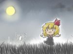  blonde_hair blush_stickers bunny chibi cloud comic commentary fang faux_traditional_media full_moon goma_(gomasamune) grass hair_ribbon highres long_sleeves moon necktie night open_mouth outstretched_arms ribbon rumia short_hair skirt smile spread_arms star_(sky) touhou translated vest |_| 