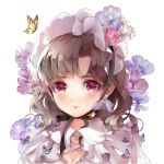 animal bangs blush brown_hair bug butterfly closed_mouth commentary_request dress earrings eyebrows_visible_through_hair flower insect jewelry lips long_hair looking_at_viewer original portrait purple_flower red_eyes simple_background solo tukino_(panna) white_background white_dress 