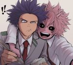  1boy 1girl :d :t arm_around_neck ashido_mina bags_under_eyes black_sclera blue_hair boku_no_hero_academia bowl chopsticks closed_mouth collared_shirt commentary constricted_pupils eating food food_on_face hair_between_eyes half-closed_eye hands_up highres holding holding_chopsticks horns jacket keiid long_sleeves looking_at_viewer medium_hair messy_hair necktie open_mouth outstretched_arm pink_hair pink_skin reaching_out red_neckwear rice rice_bowl rice_on_face school_uniform self_shot shinsou_hitoshi shirt smile surprised u.a._school_uniform upper_body upper_teeth v-shaped_eyebrows white_shirt wing_collar yellow_eyes 