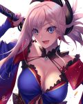  :d asymmetrical_hair bare_shoulders blue_eyes blush breasts cleavage earrings eyebrows_visible_through_hair fate/grand_order fate_(series) fukai_ryousuke halter_top halterneck holding holding_sword holding_weapon jewelry large_breasts long_hair long_sleeves looking_at_viewer magatama miyamoto_musashi_(fate/grand_order) open_mouth pendant pink_hair ponytail shiny shiny_hair signature simple_background sleeves_past_wrists smile solo sword tsurime upper_body weapon white_background 