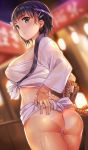  ass ass_grab bangs black_eyes black_hair blurry blush bob_cut breasts commentary_request deep_skin eyebrows_visible_through_hair from_behind fundoshi grabbing_own_ass green_eyes hair_ornament hairclip highres japanese_clothes kirigaya_suguha large_breasts looking_at_viewer looking_back mokyu night no_pants outdoors shiny shiny_hair shiny_skin short_hair solo standing sweat sword_art_online tan tanline wet yamakasa 