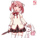 artist_logo black_skirt blood combat_knife commentary_request cosplay cowboy_shot dated highres holding holding_by_the_ears kaname_madoka kaname_madoka_(cosplay) kanon_(kurogane_knights) kantai_collection knife kyubey look-alike looking_at_viewer mahou_shoujo_madoka_magica mitakihara_school_uniform open_mouth pink_eyes pink_hair plaid plaid_skirt pleated_skirt revision sazanami_(kantai_collection) school_uniform short_hair simple_background skirt solo thighhighs twintails weapon white_background white_legwear 