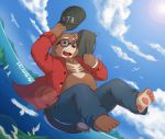  4_toes 5_fingers ambient_bird avian backpack bird blue_eyes blush brown_fur clothed clothing cloud eyewear fur glasses hat jeans mammal obese open_shirt overweight pants pawpads sky toes water 萌の傻蛋熊 
