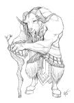  anthro black_and_white braided_hair caprine clothed clothing dreadlocks dungeons_&amp;_dragons goat hair hooves horn ibixian mammal monochrome simple_background smile solo staff wes_talbott white_background 