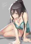  arm_support bangs bare_shoulders black_hair black_panties blush breasts camisole character_name cleavage collarbone commentary_request dog_tags eyebrows_visible_through_hair eyelashes fukushi_ryouhei green_shirt grey_background hair_between_eyes idolmaster idolmaster_shiny_colors large_breasts long_hair looking_at_viewer off_shoulder panties ponytail shirase_sakuya shirt simple_background sitting solo thighs underwear very_long_hair yellow_eyes 