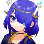  bad_id bad_pixiv_id bandaged_head bandages bangs black_jacket blue_eyes blue_fire blue_hair bow candle collarbone crescent eyebrows_visible_through_hair fire hair_bow hair_over_one_eye jacket long_hair looking_at_viewer low_twintails original prophet_chu simple_background solo twintails white_background yellow_bow 