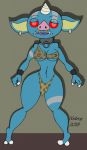  2018 2_toes 3_fingers bikini bokoblin breasts breath_of_the_wild claws cleavage clothed clothing collar ear_piercing facial_piercing female hi_res horn humanoid looking_at_viewer navel nidrogger nintendo nipple_bulge nose_piercing piercing red_eyes simple_background skimpy solo standing swimsuit the_legend_of_zelda thick_thighs toes video_games 