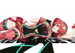  absurdres blackseem blush breasts earrings fingerless_gloves gloves hair_ornament highres homura_(xenoblade_2) jewelry large_breasts looking_at_viewer red_eyes red_hair short_hair shorts sidelocks simple_background smile solo tiara white_background xenoblade_(series) xenoblade_2 
