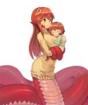  breasts carrying cherry_(snekfag) commission eyebrows_visible_through_hair hair_ornament hairclip highres jewelry lamia large_breasts long_hair miia_(monster_musume) monster_girl monster_musume_no_iru_nichijou mother_and_daughter multiple_girls original pointy_ears red_hair ring scales short_hair simple_background sleeping smile sookmo sweater wedding_band white_background yellow_sweater 